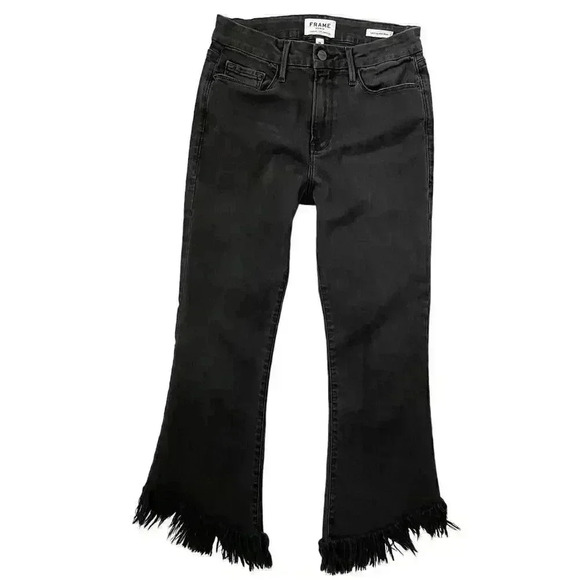 Frame Le Crop Mini Boot Fox Park Fringe Shredded Hem Jeans - Black - Size 28 - Picture 3 of 6